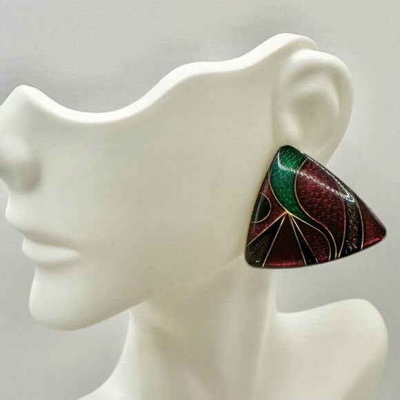 Red green and brown triangle post earrings - Picture 1 of 8
